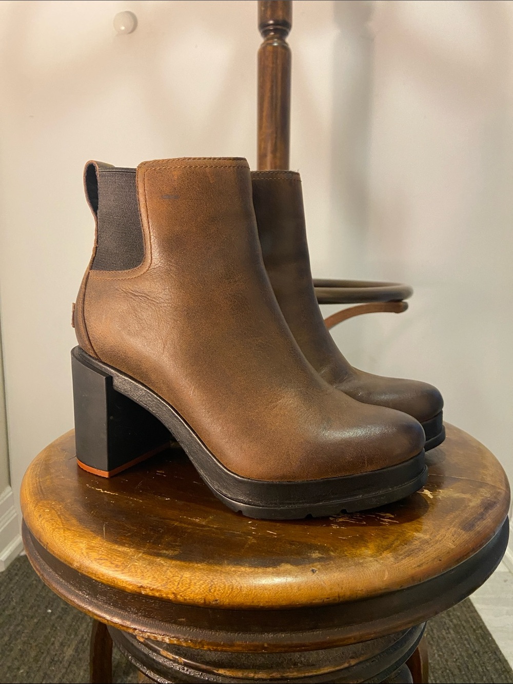 Sorel Brown Leather Block Heel Chelsea Booties